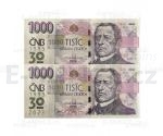 Banknoten 2023 - 2x Banknote 1000 CZK 2008 mit Print, Gleiche Nummer